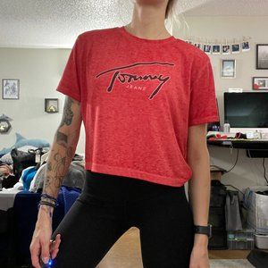 Tommy Jeans Red Cropped Oversized Burnout T-Shirt